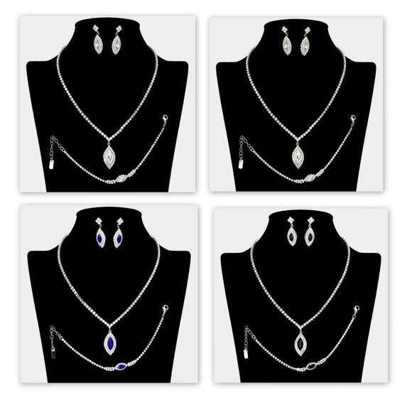 Tigerstars Sapphire Marquise Stone Pendant Accented Rhinestone Pave Necklace Set - Picture 2 of 2